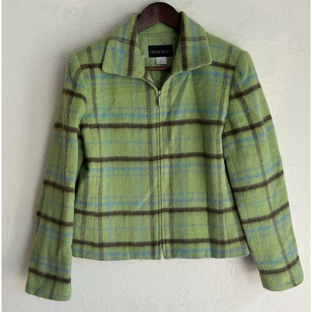 Vintage 90s Y2K Item Eyes Green Plaid Boxy Crop Jacket 6 Wool Zip Preppy Grunge